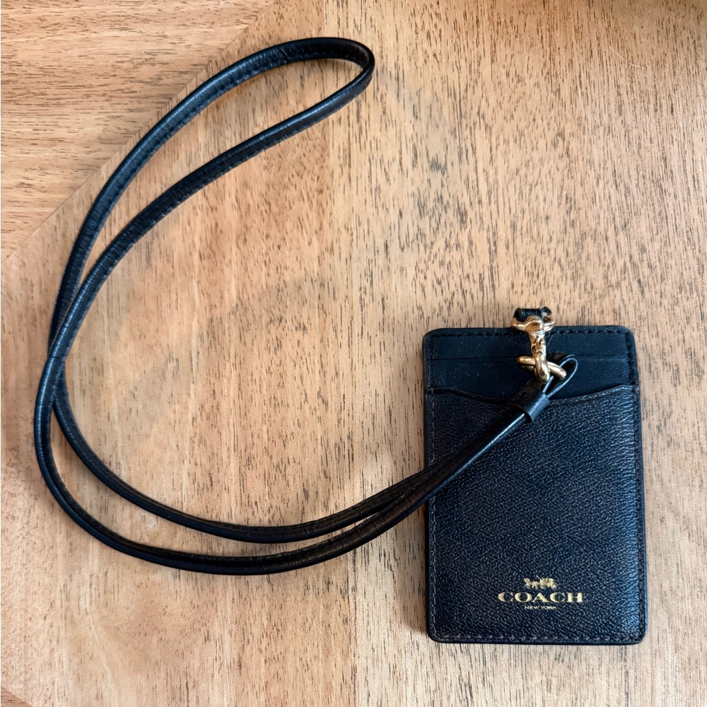 Coach Black Leather ID Holder with Gold Accents
